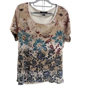 Women 3X Tan TShirt Floral Paisley Rhinestone Ribbed Y2K Grunge Boho Tee Stretch